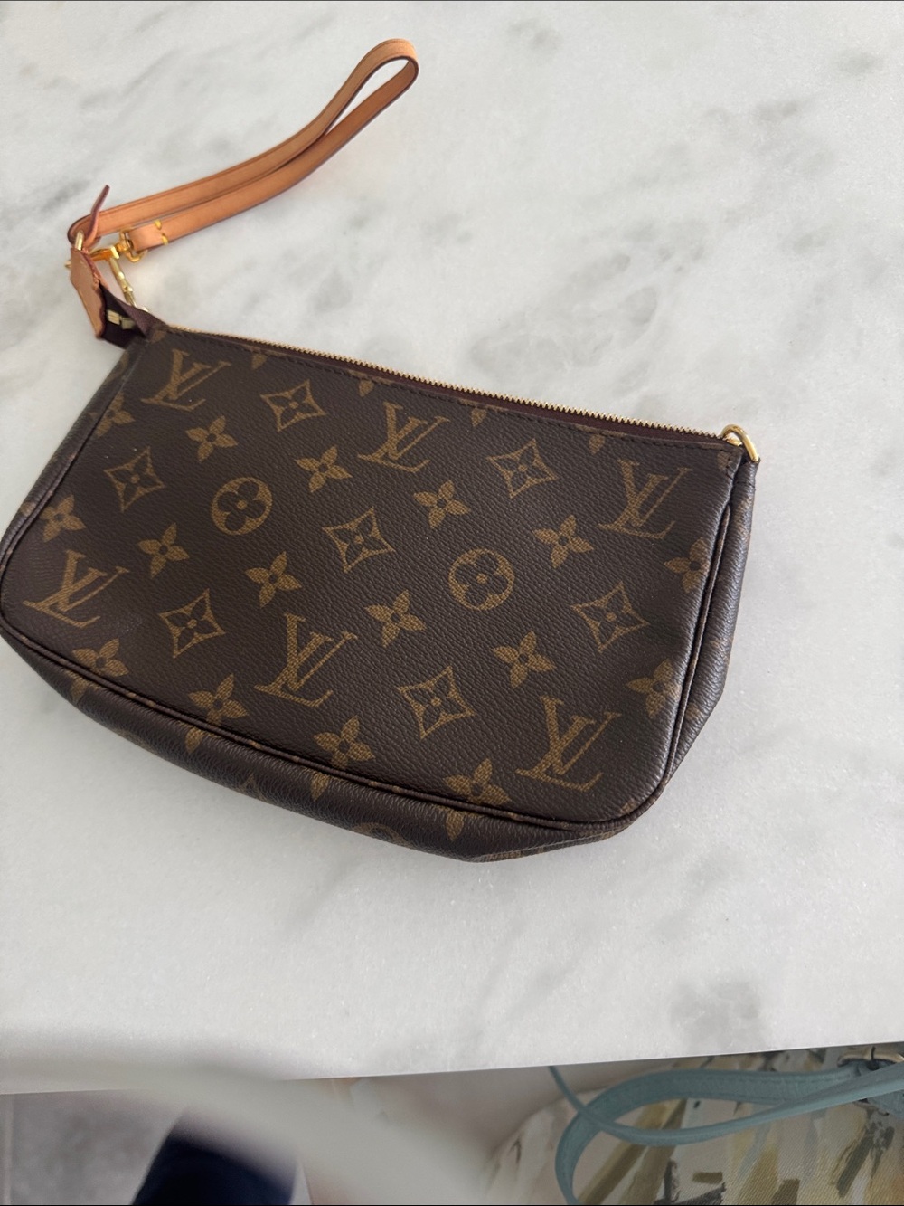 Louis Vuitton Brown Monogram Wristlet Clutch with Tan Strap